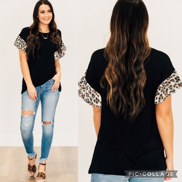 Tops - BLACK Leopard Ruffle Sleeve Top